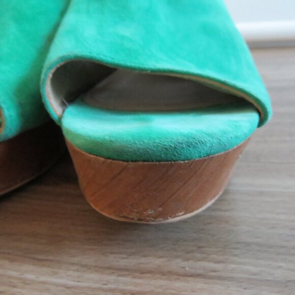 ANTHROPOLOGIE Bow Back Wooden Wedge Peeptoe Sandals in Kelly Green - Size US 10 - Picture 8 of 16